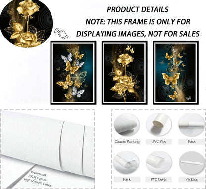 3Pcs Abstract Gold Butterfly Canvas Wall Art Gold Butterfly and Rose Posters Prints Painting Modern luxury Flowers Wall Decor pictures for Living Room Bedroom Home Decoration Unframed