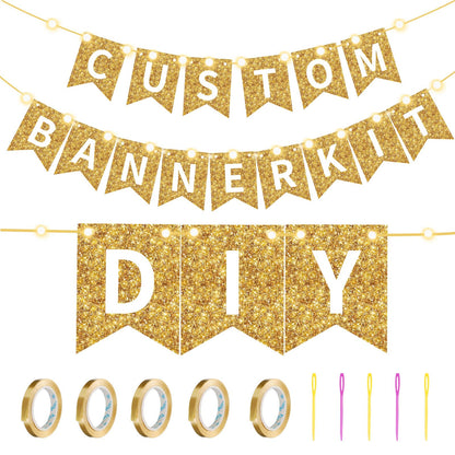 TaoBary 135 Pcs DIY Banner Custom Letters Kit Make Your Own Banner for Birthday Graduation Party Decor Include 107 Letters and Numbers, 16 Symbols, 2 String Lights, 5 Needles, 5 Rope (Gold)