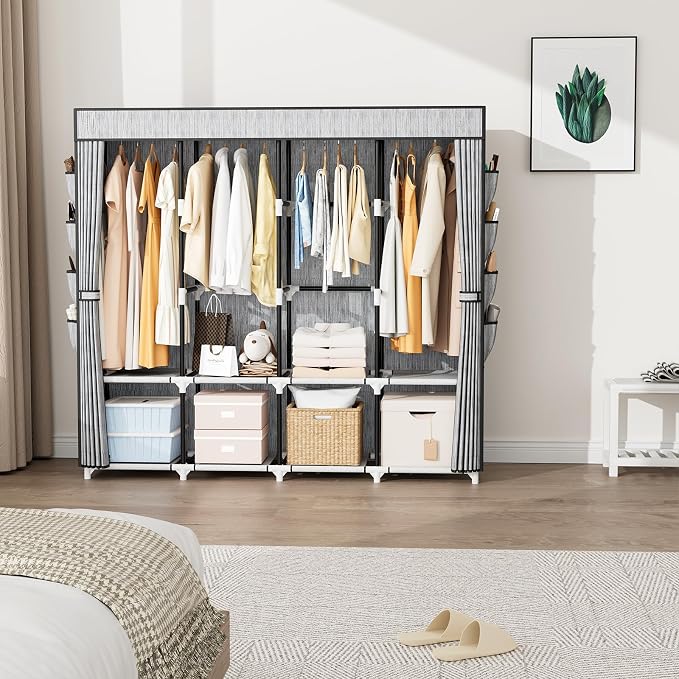 Portable Closet for Hanging Clothes, 67 Inch Wide Portable Wardrobe Closet with Cover, 4 Hanging Rod, Storage Shelves and Side Pockets, Large Free Standing Closet for Bedroom, Printing