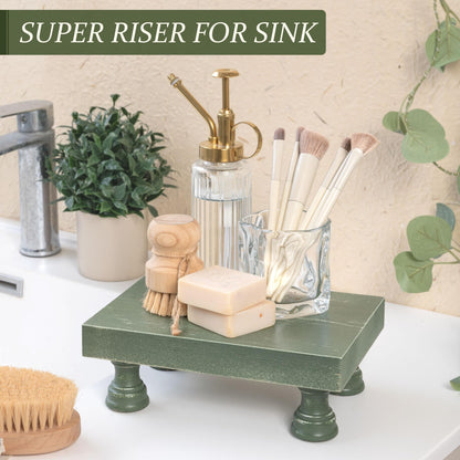 EOSAHR Pine Wood Riser Display Stand for Coffee Table – Stylish Pedestal Stand to Showcase Your Bathroom Accessories – Farmhouse Home Decor for Displaying Plant, Cupcakes and Soap Dish (Green)