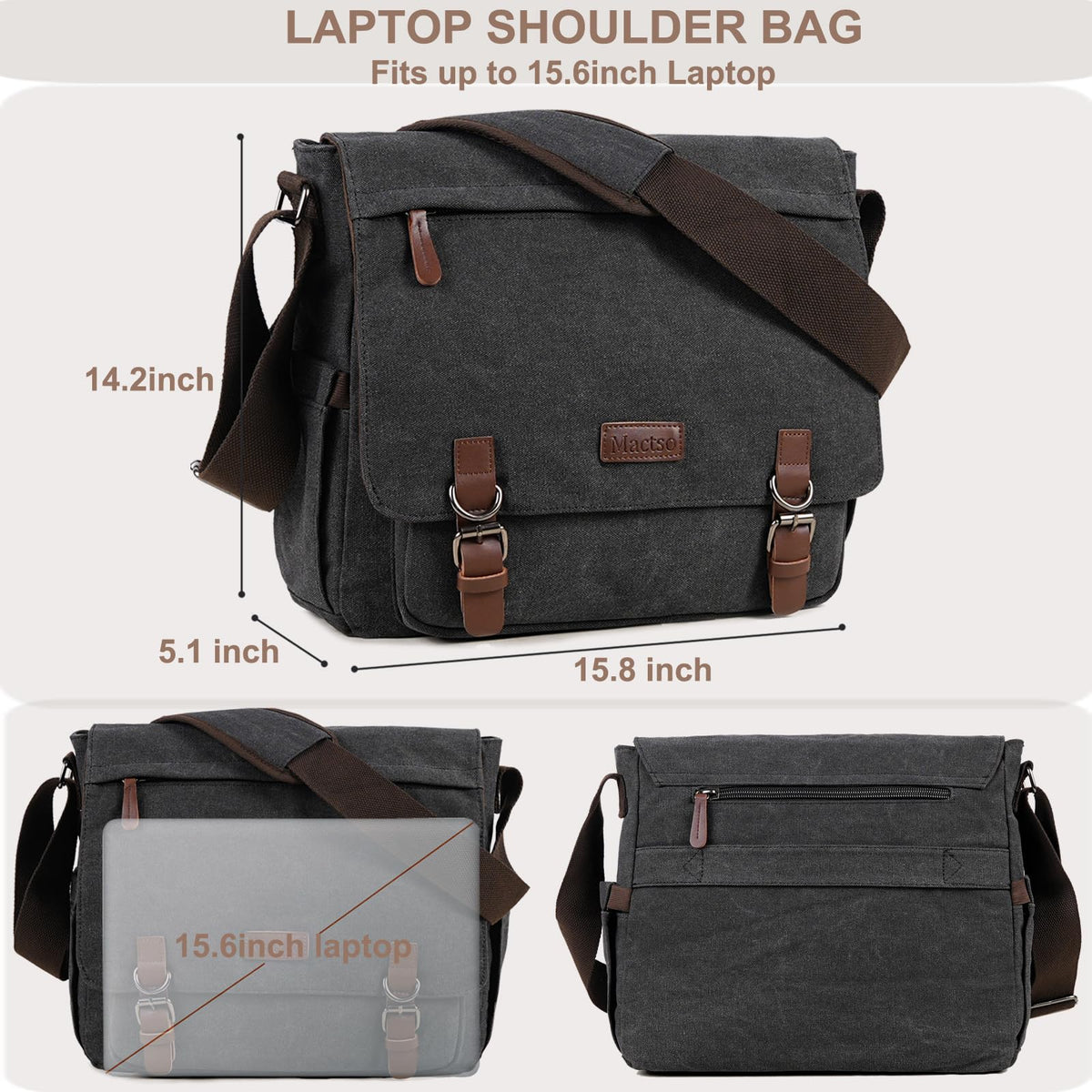 Mactso Vintage Messenger Bag 15.6 Inch Laptop for Men Women, Large Travel Crossbody Shoulder Purse with Luggage Strap,Canvas Briefcase Work Office College (Black-Upgrade)
