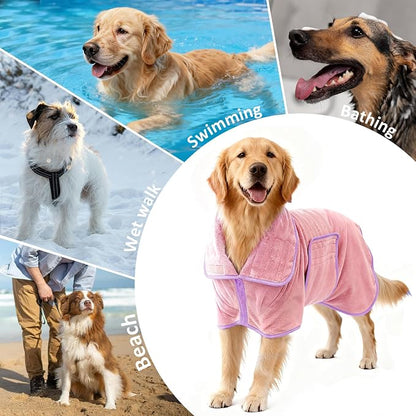 Soft Dog Bathrobe Fast Drying Dog Coat, Super Absorbent Dog Towels for After Bath, Microfiber Pet Robe Adjustable Collar & Belly Warm Keeping Dogs Coat for Pet Dogs & Cats (Pink, XX-Large)