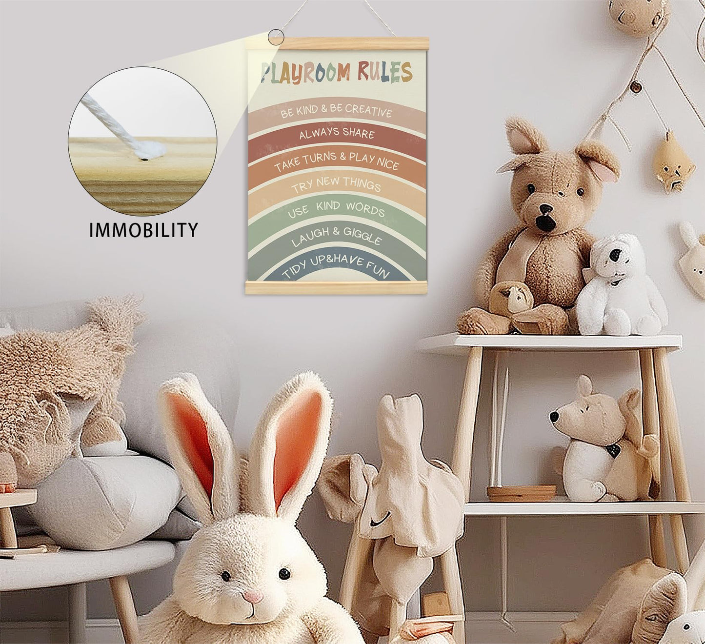 foedor Boho Rainbow Nursery Playroom Rules Wall Art with Wooden Frames,Playroom Wall Decor Canvas Hanging Banner,Playroom Sign Affirmations Prints Framed for Classroom Kids Room Wall Decor,12x16 Inch
