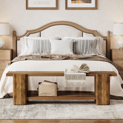 LITTLE TREE Wood Entryway Bench, 63" End of Bed Bench with Storage Shelf, Farmhouse Extra Long Shoe Bench for Entryway, Dining Room, Hallway, Living Room, Bedroom, Double-Reinforced Legs, Brown