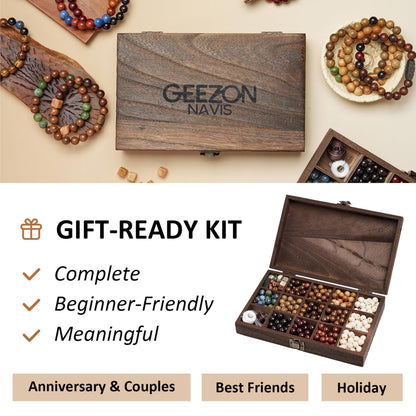 Geezon Navis Bracelet Making Kit - 10mm Natural Wooden Beads with Letters & Stone Beads - 296pcs in 16 Colors - DIY Jewelry Making Starter Kit Adult Men Women Birthday Gift Craft