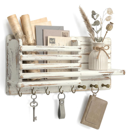 Rebee Vision Pine Wood Key Holder Wall Mount for Room Decor - Mail Organizer Featuring 8 Hooks for Dog Leash & Hats - Rustic Key Holder for Wall with Mail Slot Can Store Letters(Whitewash)