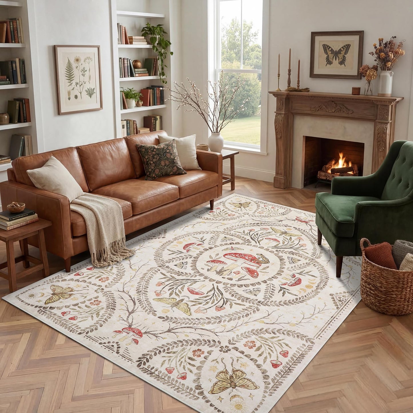 Garvee Mushroom 8x10 Area Rugs for Living Room, Dark Academia Gothic Rug, Non Slip Animal Print Washable Rugs 8x10 Low Pile Bedroom Decor Bug Carpet with Rubber for Dining Room Playroom Office, Beige