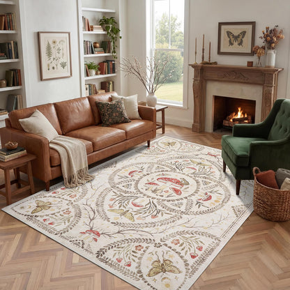 Garvee Mushroom 8x10 Area Rugs for Living Room, Dark Academia Gothic Rug, Non Slip Animal Print Washable Rugs 8x10 Low Pile Bedroom Decor Bug Carpet with Rubber for Dining Room Playroom Office, Beige