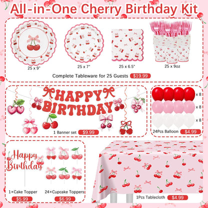 Cherry Birthday Decorations, 182Pcs Cherry Plates Napkins Cups Forks Tablecloth Banner Hanging Swirls Cupcake Toppers and Ballons for Cherries Themed Party Decorations