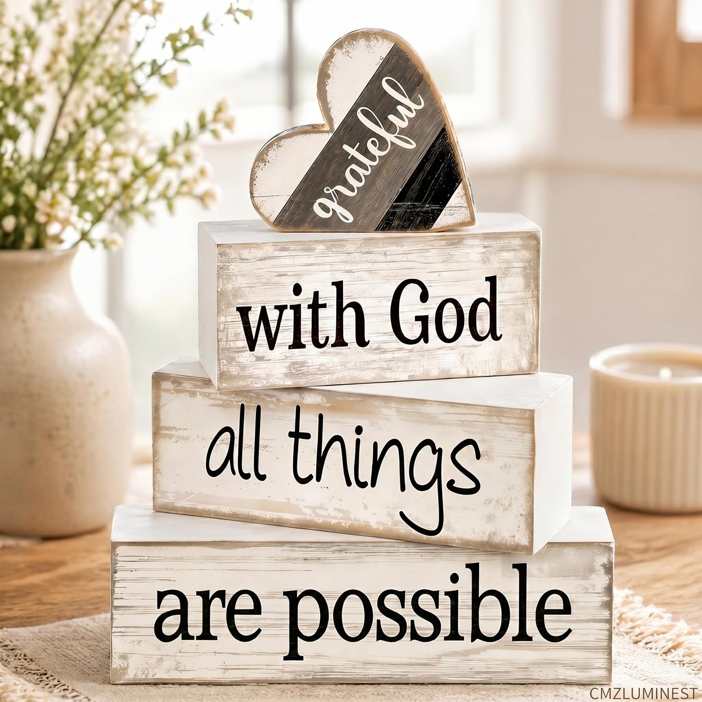 4 Pcs Christian Farmhouse Table Decor, Religious Wooden Farmhouse Tiered Tray Decorations with Heart Grateful Sign, With God All Things Are Possible Home Decor for Kitchen, Office, Mantel, Coffee Bar