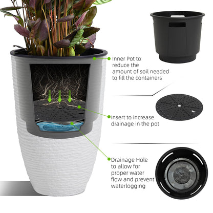 Worth Garden 2-Pack 21" H. White Tall Planters with Inside Pots - 14'' Dia Plastic Large Round Plant Tree Pots - Decorative Imitation Stone Finish for Indoor Outdoor Front Porch Container Patio