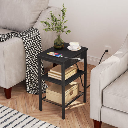 HOOBRO Side Table with Charging Station and USB Port, Small End Table for Small Space, 3-Tier Nightstand with Adjustable Shelf, for Living Room, Bedroom, Black BB112BZ01
