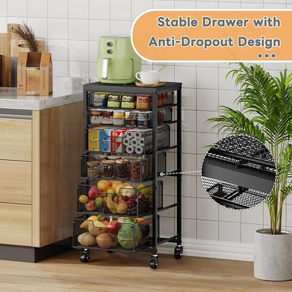 6-Tier Kitchen Storage Cart -Fruit Vegetable Storage Cart with Drawers, Wooden Top Metal Wire Kitchen Organizer and Storage Cart with Wheels to Storage Onions Potatoes Cans Snacks for Kitchen