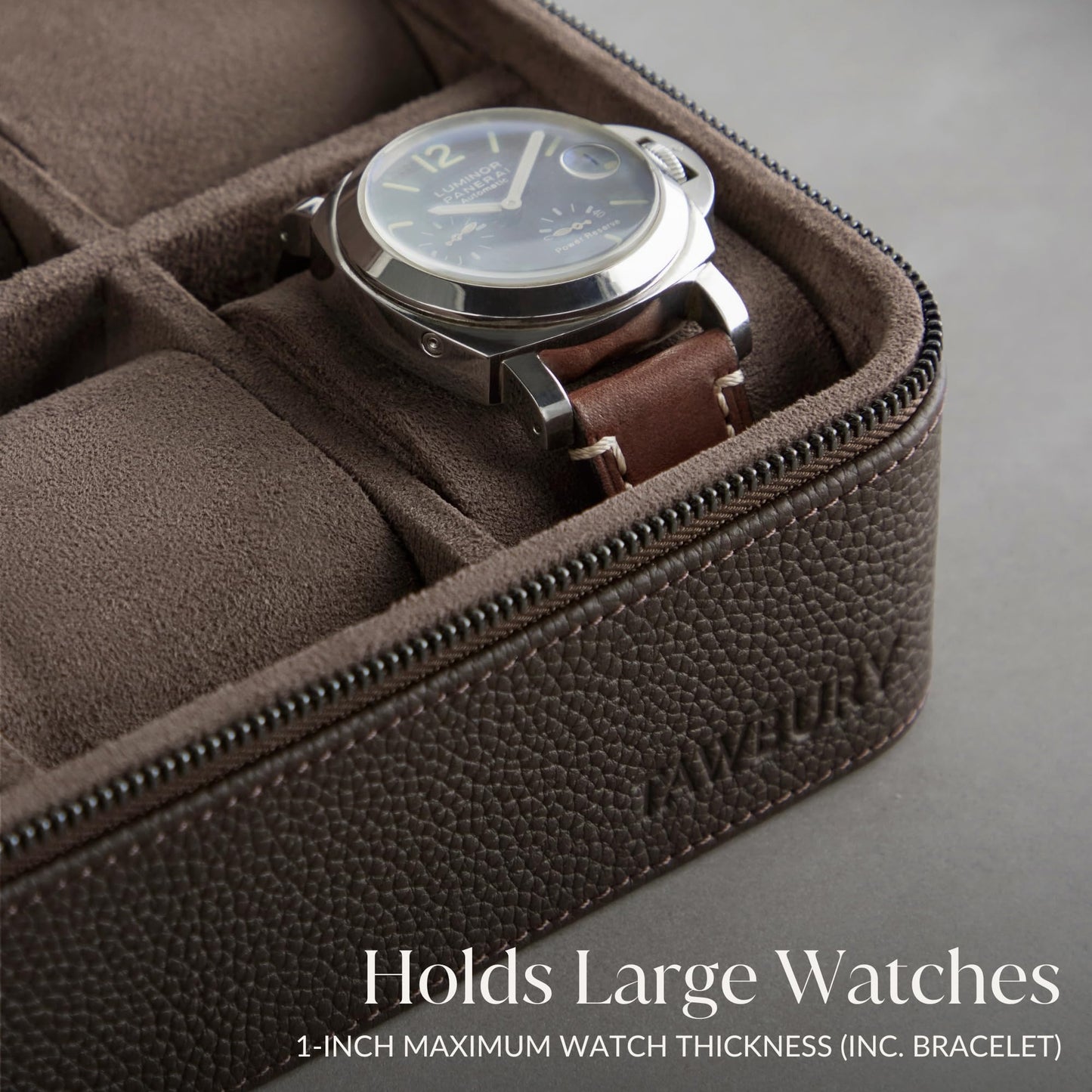 TAWBURY Watch Case - 8 Slot Genuine Top-Grain Leather Watch Box for Men & Women with Extra Wide Pillows for Large Watches - Portable Wristwatch Storage for Home & Travel (Brown)