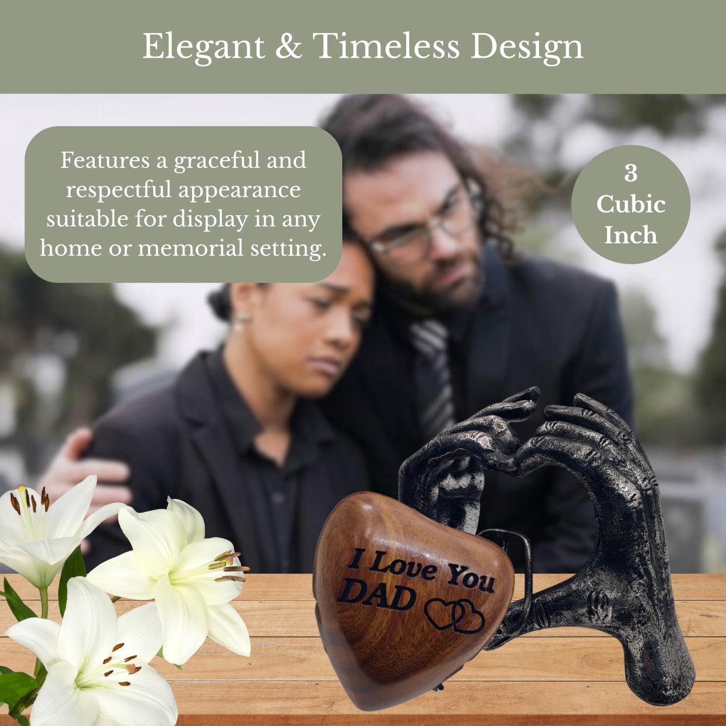ZAHANAARA Wooden Heart Urn for Ashes|Handcrafted Memorial Box for Funeral |Memorial Gifts, Ashes Keepsake |Aluminum Mini Cremation Urns for Adult Male|I Love You Dad Engraved Tribute|Silver, 3 cu in