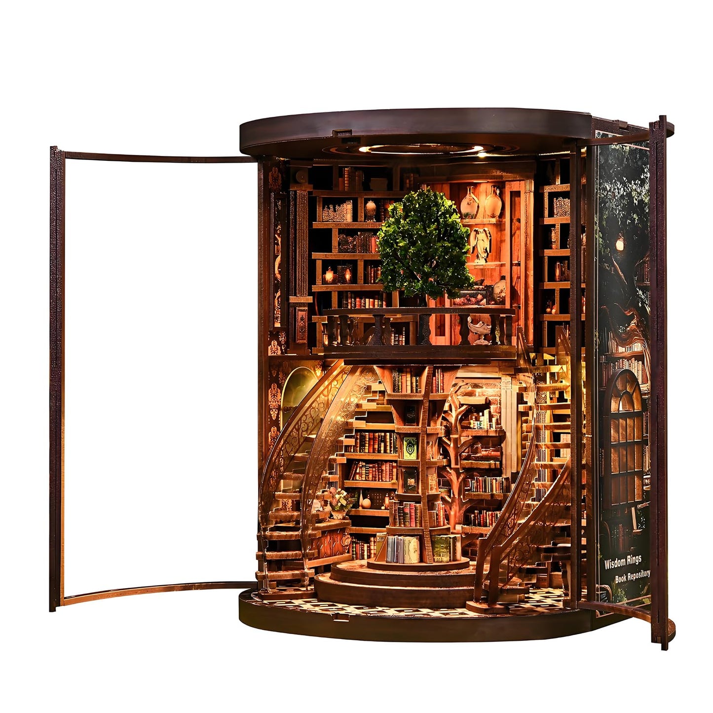 Ahilmrn Book Nook Kits for Adults Fantasy 3D Puzzle Library Booknook Kit with Dust Cover Wisdom Book Repository Round Bookshelf Decor Wooden DIY Spiral Staircase Miniature Dollhouse Book House