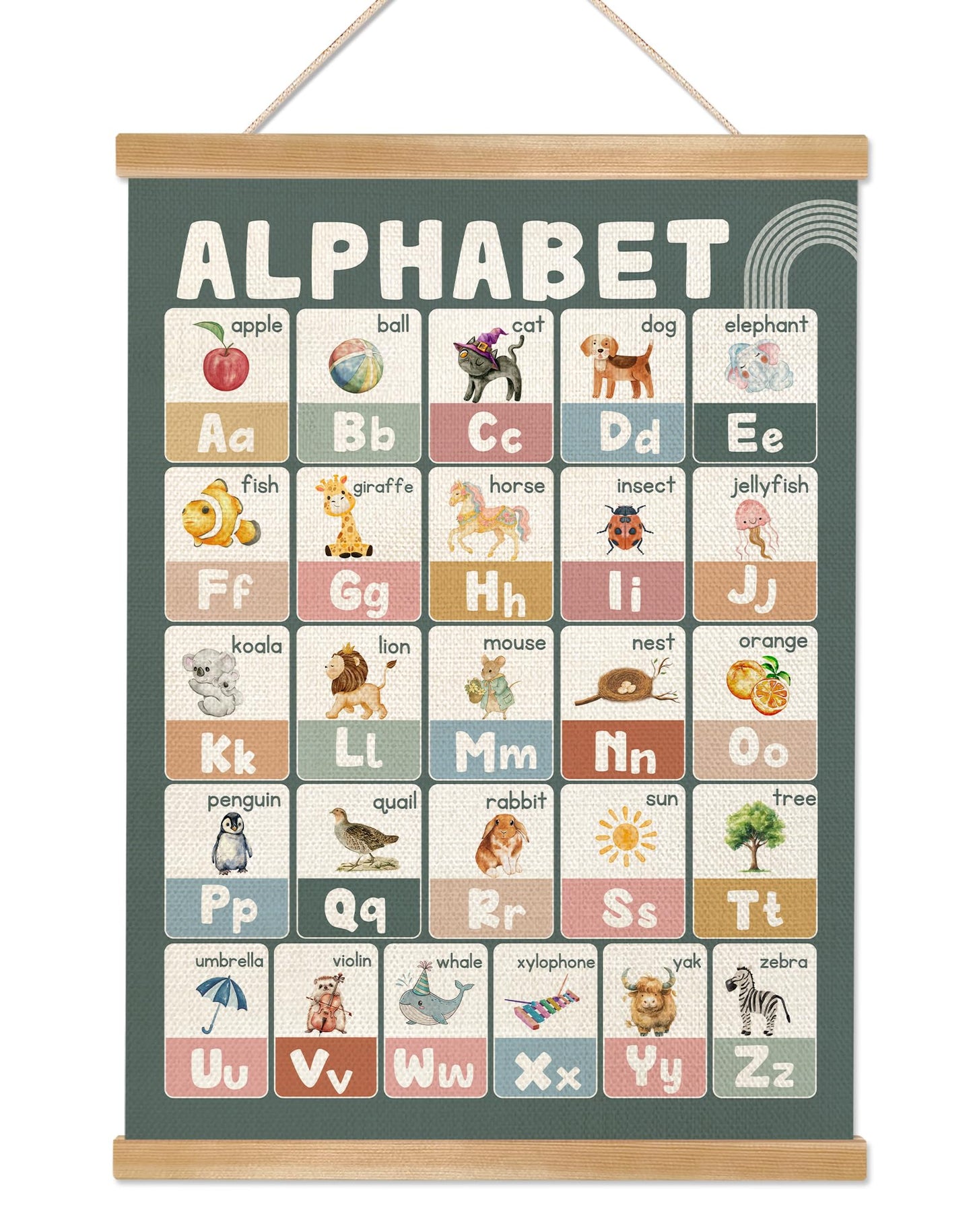 Educational Alphabet Chart Wall Art, 18.5x14Inch Colourful Alphabet Canvas Print Poster with Wooden Hanger, Classroom Learning Posters, A-Z Letters Wall Art Decor for Nursery,Playroom and Home School