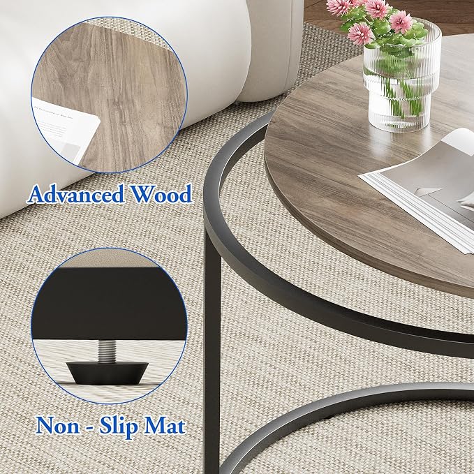 aboxoo Coffee Table Nesting Side Round Table Set of 2 End Table with Sturdy Metal Frame for Living Room Bedroom Apartment Modern Industrial Simple Nightstand,Oak