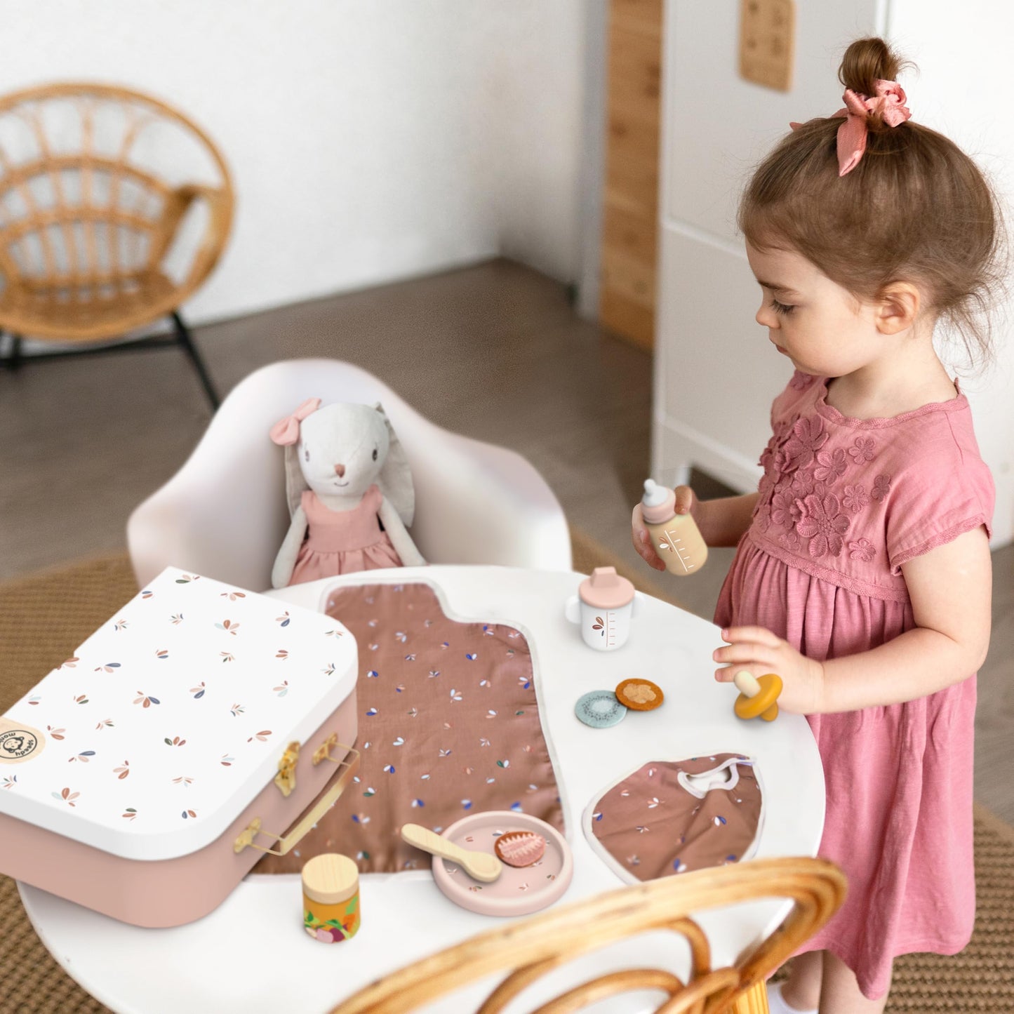 SPEEDY MONKEY Flowers Cottage Wooden Playset with Doll Pram & Doll Play Set | Wooden Baby Doll Stroller with Rabbit Baby Doll Playset with Feeding Accessories | Role Play Gift Set for Girls & Boys