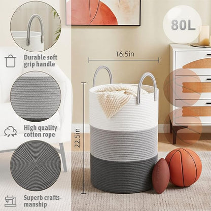 Artfeel Laundry Basket,Woven Cotton Rope Laundry Hamper,80L for Decorative Storage of Dirty Clothes,Toys and Blankets in Bathroom,Bedroom and Living Room