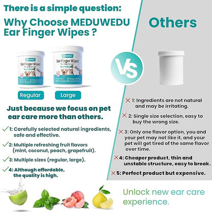 MEDUWEDU Ear Cleaner Finger Wipes 60 Counts, Dog Ear Cleaner, Grooming Kit Care for Dogs and Cats, Soft & Easy Otic Cleaning Pads, Remove Wax, Dirt & Stop Smelly, Itchy, Non-Irritating, Coconut Scent