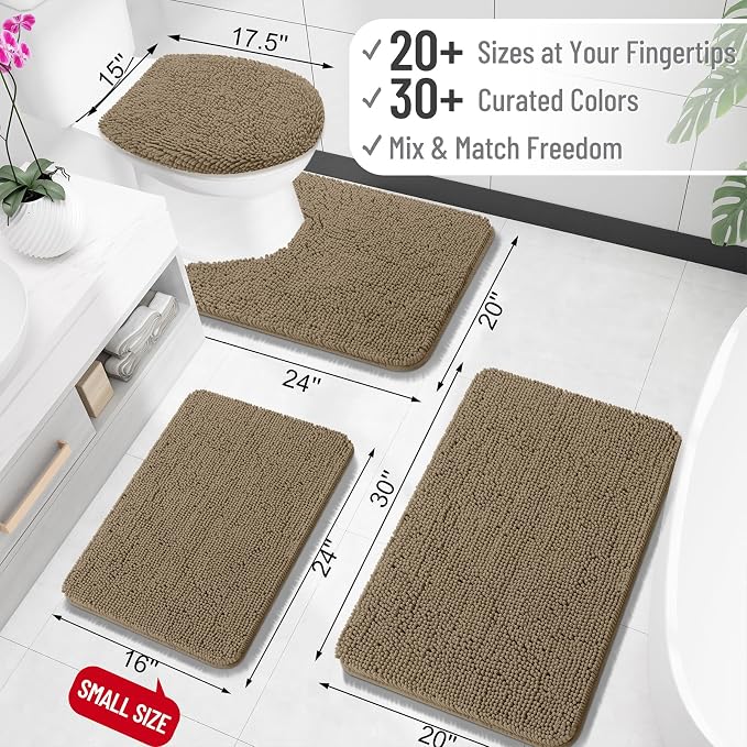 OLANLY Toilet Rugs U-Shaped 20x20, Extra Soft Absorbent Chenille Contour Bathroom Rugs for Toilet, Dry Quickly, Machine Washable, Non-Slip Bath Mat, Tan