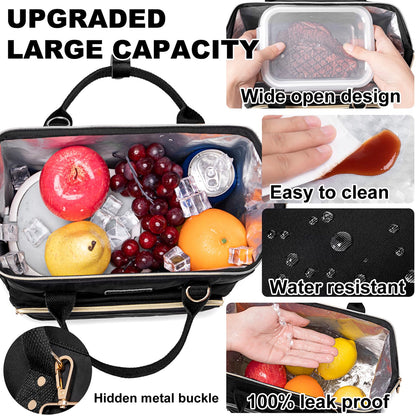 AIJIEKE Large Insulated Lunch Bag for Women, Stylish Leakproof Lunch Box for Work with Multi-Pockets & Adjustable Strap, Reusable Thermal Lunch Tote Cooler for Adult, Picnic, Beach, Black