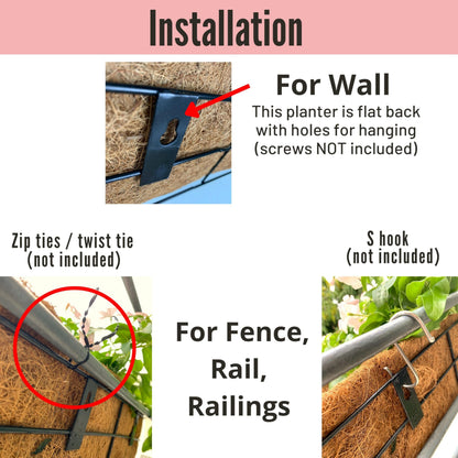LaLaGreen Wall Planters - 2 Pack, 16 Inch Window Flower Boxes Outdoor, Deck Railing Hanging Metal Wire Basket Black with Coco Liners Horse Troughs Fence Balcony Garden Farmhouse Patio Porch Over Rail