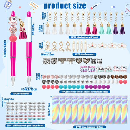 COcnny Nurse Beadable Pens for Women - 12 Set Nursing DIY Ballpoint Craft Making Kit with Bead Craft, Leopard Beaded Pen Bulk Charm Tassel Supplies for Nurse Week Hospital Appreciation Gift