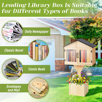 Wonderjune Little Library Box Outdoor Free Library Kit -Durable Weatherproof Solid Wood Book Exchange Box with Floor Plugs and Small Flower Fence for Neighborhoods, Community, Literature, Newspapers
