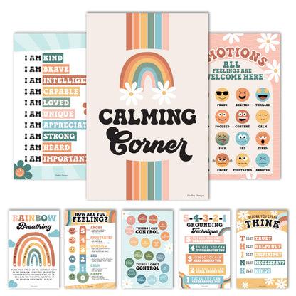 Hadley Designs 8 Calming Corner Posters for Classroom Must Haves - Calm Down Corner Supplies with Emotions Chart, School Counselor Mental Health Poster, Feelings Chart For Kids, Retro Classroom Decor