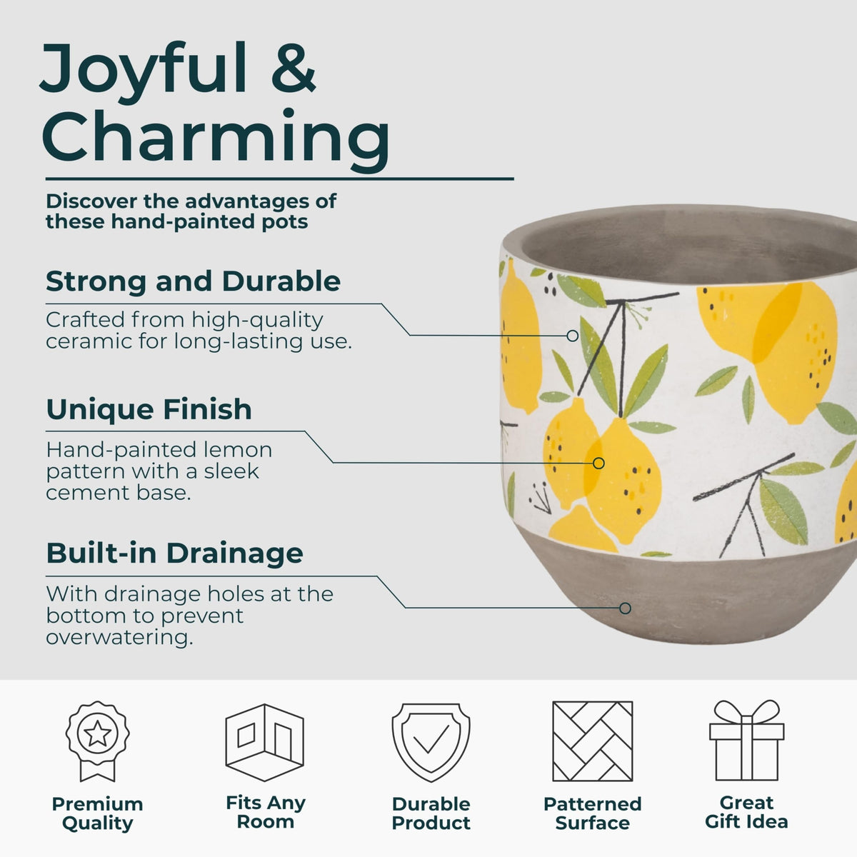 Sagebrook Home Set of 2 Decorative Cement Planters with Drainage Hole - Modern Lemon Print - Indoor/Outdoor Use - 7", 6" Yellow, White, Gray