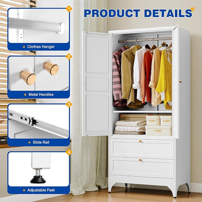 BYNSOE Metal Armoire Wardrobe Closet with 2 Drawers 72'' Wardrobe Cabinet with Drawers and Hanging Rail Metal Closet with Adjustable Shelves for Bedroom. (White, with 2 Drawers)