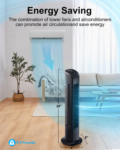 Uthfy Oscillating Tower Fan with Remote, Electric Standing Floor Fan for Bedroom Indoor Office and Home Use,Quiet Cooling Portable Bladeless Tower Fans, 30 inchs, Black