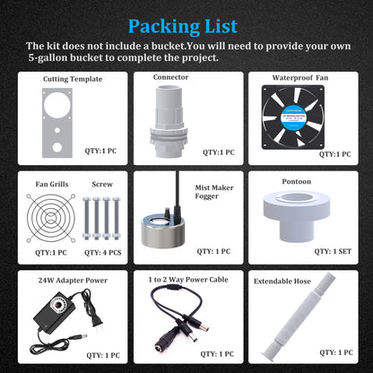 19L Large Capacity DIY Humidifier Kit - for Plants, Mushrooms, Grow Tents, Terrarium | Turns a 5 Gallon Bucket into Cool Mist Humidifier, Extendable Hose, High Output, Long Runtime (1 Fogger Kit)