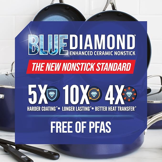 Blue Diamond 14 Piece Cookware Set, Diamond Infused PFAS & PFOA-Free Ceramic Nonstick Pots and Pans, Durable, Non Toxic, Metal Utensil Safe & Scratch Resistant, Dishwasher & Oven Safe, Blue