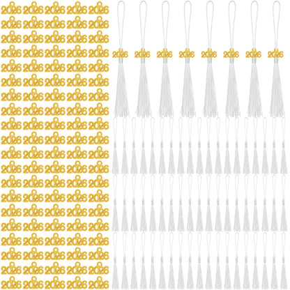 Cindeer 100 Pcs Mini Graduation Tassels with 100 Pcs 2026 Tassel Charms for Crafts Mini Silky Bookmark for Graduation Cap Keychain Ornaments DIY Craft Jewelry Making Project(White)