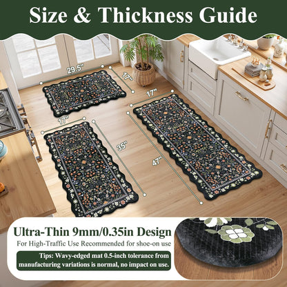 Yamaziot Anti Fatigue Kitchen Rugs Set of 3 - Boho Non Slip Waterproof Kitchen Mats for Floor, Boho Runner Rug for Kitchen Floor, Laundry, Desk, Bar, Office, 17.3"x29"+17.3"x35"+17.3"x47", Black