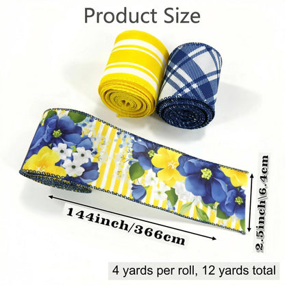 Spring Summer Blue Floral Wired Ribbon, Retro Yellow Blue Flower Ribbon for Bow Wreath Making DIY Gift Wrapping, Holiday Wedding Birthday Party Decorations, 3 Rolls, 2.5Inch,12 Yards (Blue)