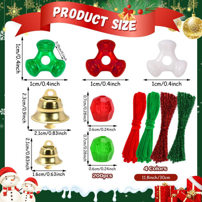 UPINS 2000pcs Christmas Tri Beads,Christmas Beaded Ornament Kit Red Green White Beads Pipe Cleaners Golden Bells for Tree Hanging Wreath Cane Jewelry Making Party Decoration