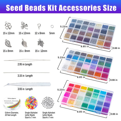 Ybxjges 42000Pcs 2mm Glass Seed Beads 12/0 Small Tiny Beads Kit with 150Pcs Alphabet Letter Beads Pendants Charms Jump Ring Elastic String for DIY Bracelets Necklace Jewelry Making Supplies