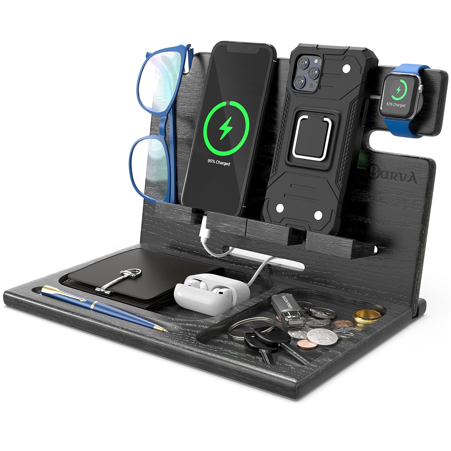 BarvA Two Phone Docking Station | Night Stand Desk Organizer | Wood Nightstand Organizer | Tablet Smart Watch Earbuds Charging Station | Upgraded Dresser Phone Stand | Bed Room Decor Gifts for Men
