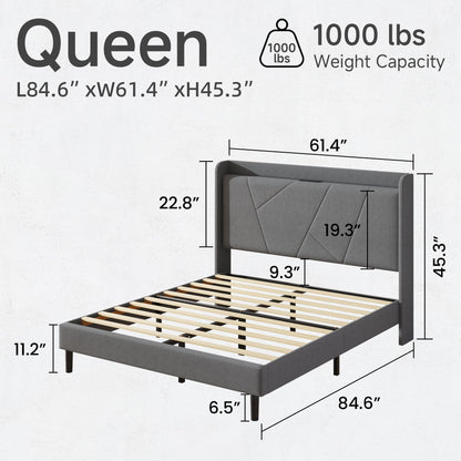 Queen Size Linen Bed Frame, Storage Headboard with Charging Station, Upholstered Platform Bed with Wooden Slats Support, Solid and Stable, Noise Free, No Box Spring Needed, Easy Assembly, Gray