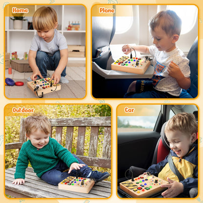 OAKJAR Busy Board with Led Light, Montessori Toys for 1-3 Years Old Boys Girls Wooden Toddler Toys Birthday Gift Educational Toys for 1+ Year Old, Toddler Travel Toy Sensory Toys for Kids with Autism
