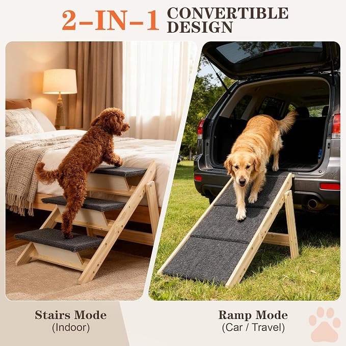 Dog Ramp,2-in-1 Foldable Pet Stairs for High Beds, 3 Steps Dog Steps | Upgraded Anti-Slip Features, Suitable for Couch, Car, Bed and Joint-Friendly Senior Durable Dog Stairs
