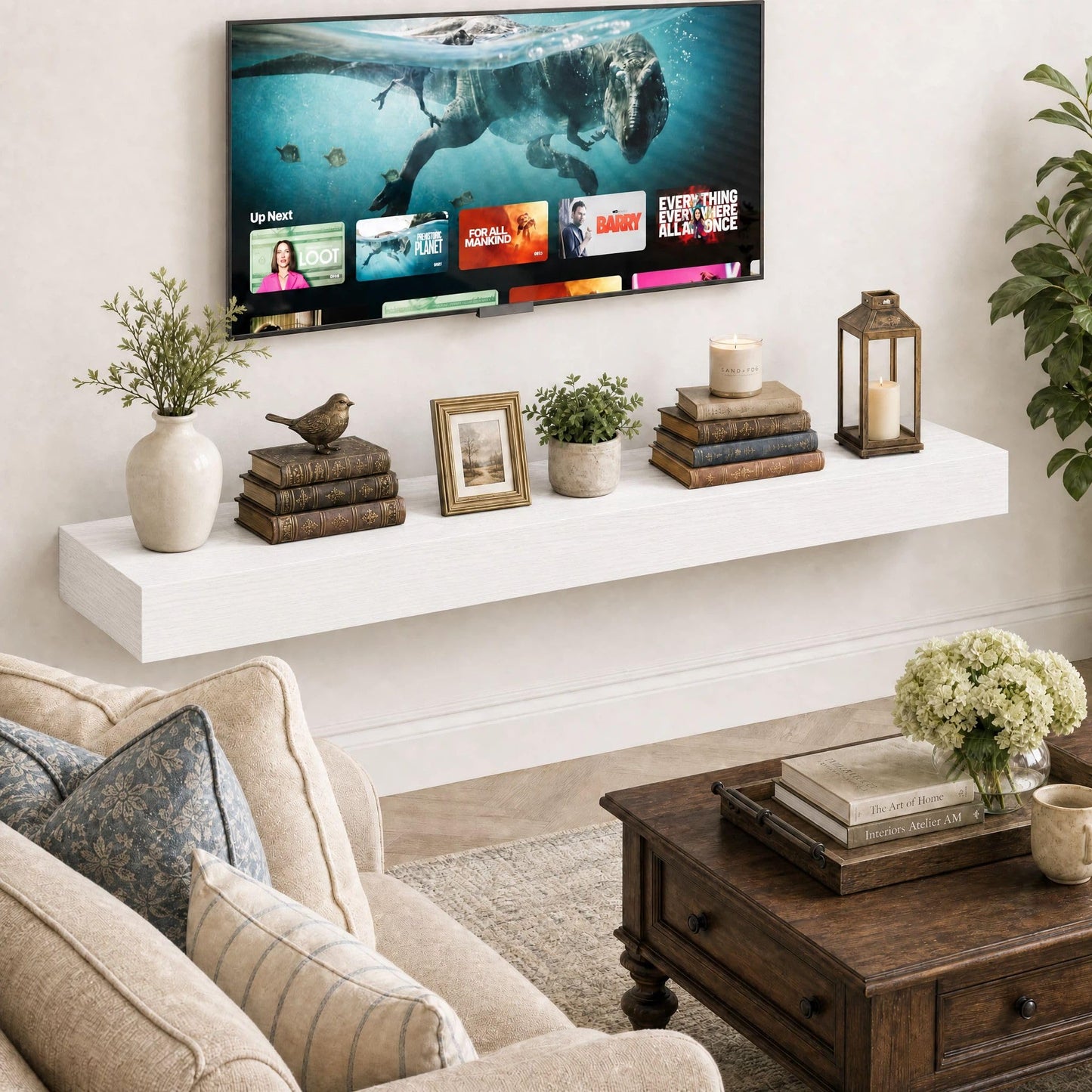 SAUMONIERES Fireplace Mantel Shelves 60 Inch Solid Wood Wall Mounted Long Floating Shelf Hollow, White