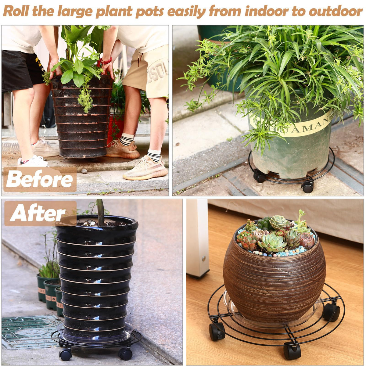 Planterhoma 3 Packs Large Metal Plant Caddy 13.8 Inches Plant Dolly with Wheels Heavy Duty Iron Rolling Plant Stand with Casters for Indoor and Outdoor Plant Pot Rollers White, 3-pack Plant Saucers