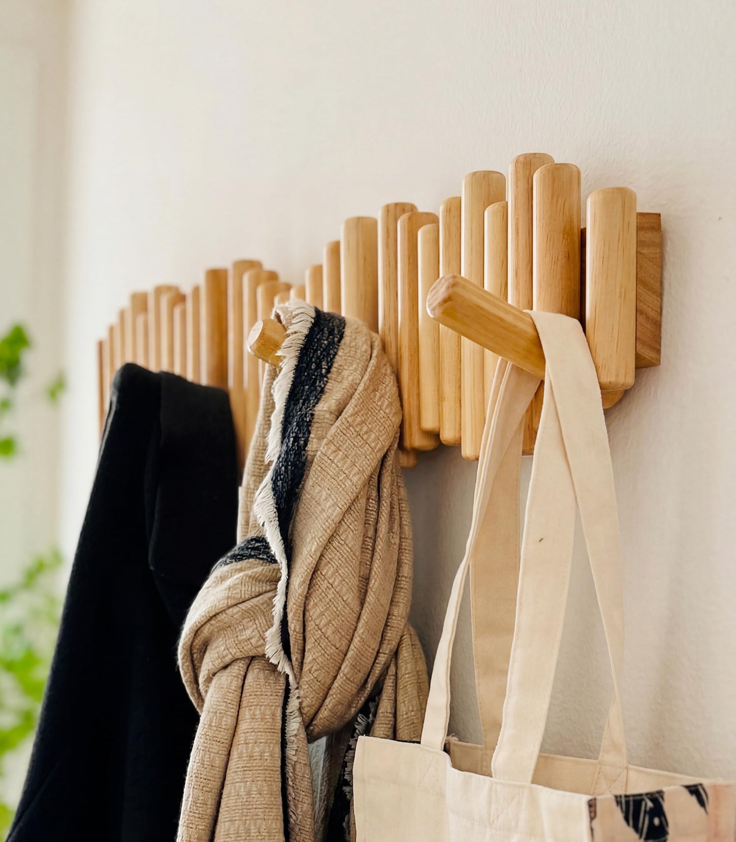 Flynt Ave. Modern Wooden Wall Mounted Coat Rack, 5-Hooks, Decorative Wall Hooks for Purse, Bags & Hats, Heavy Duty, Sturdy, Natural Pine Wood, Pull Down Hooks, Easy to Install