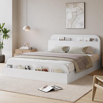 GarveeHome Queen Size Bed Frame, Wooden Beds with Storage Headboard and Raised-Foodboard, Queen-Floor Low Platform Bed for Bedroom, Sturdy Wooden Slats Support, No Box Spring Needed, White
