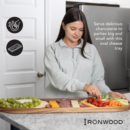 Ironwood Gourmet Frederiksberg Oval Serving Tray, 12" x 36" Acacia Wood Charcuterie Board and Centerpiece Tray